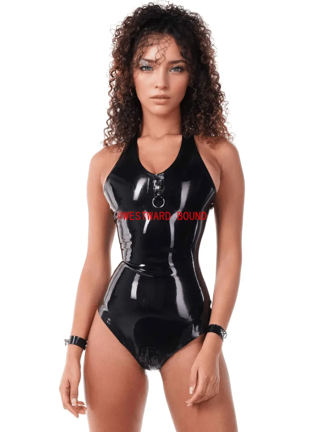 Sleeveless Jumpsuit - Seksowne czarne lateksowe body z wiązaniem