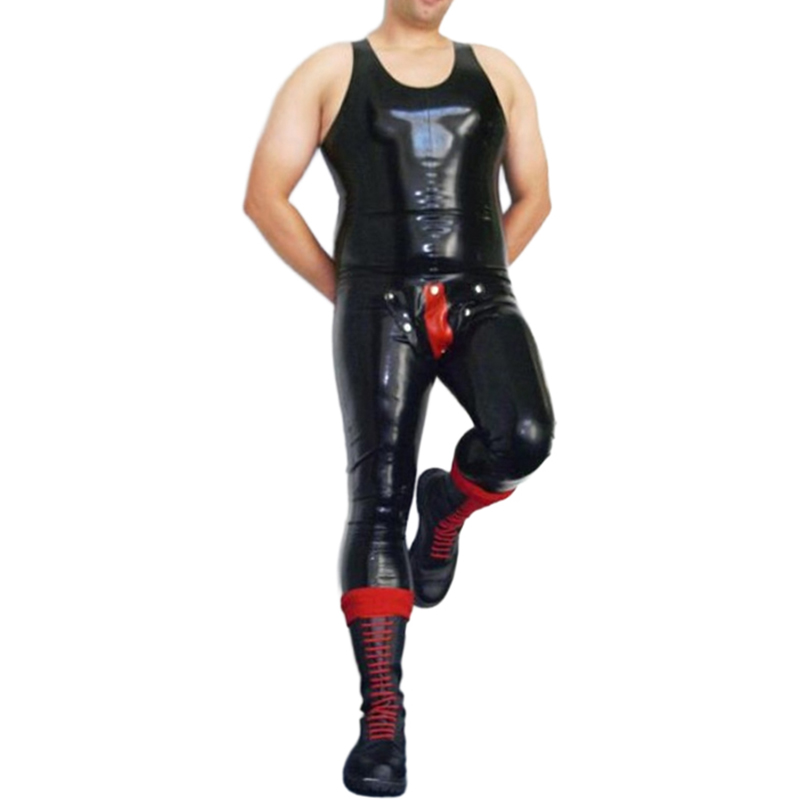 Sleeveless Jumpsuit - Czarno-czerwony seksowny bezrękawnik lateksowy kombinezon z