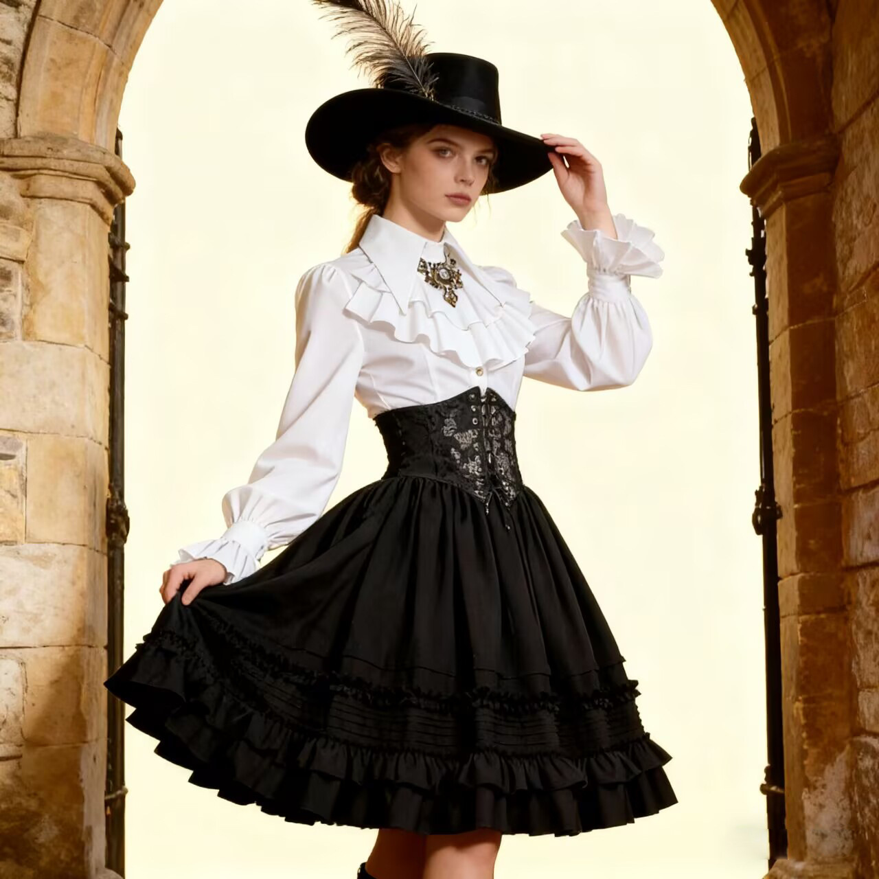 Corset Top Boned - Damska średniowieczna steampunkowa warstwowa spódnica Lolita