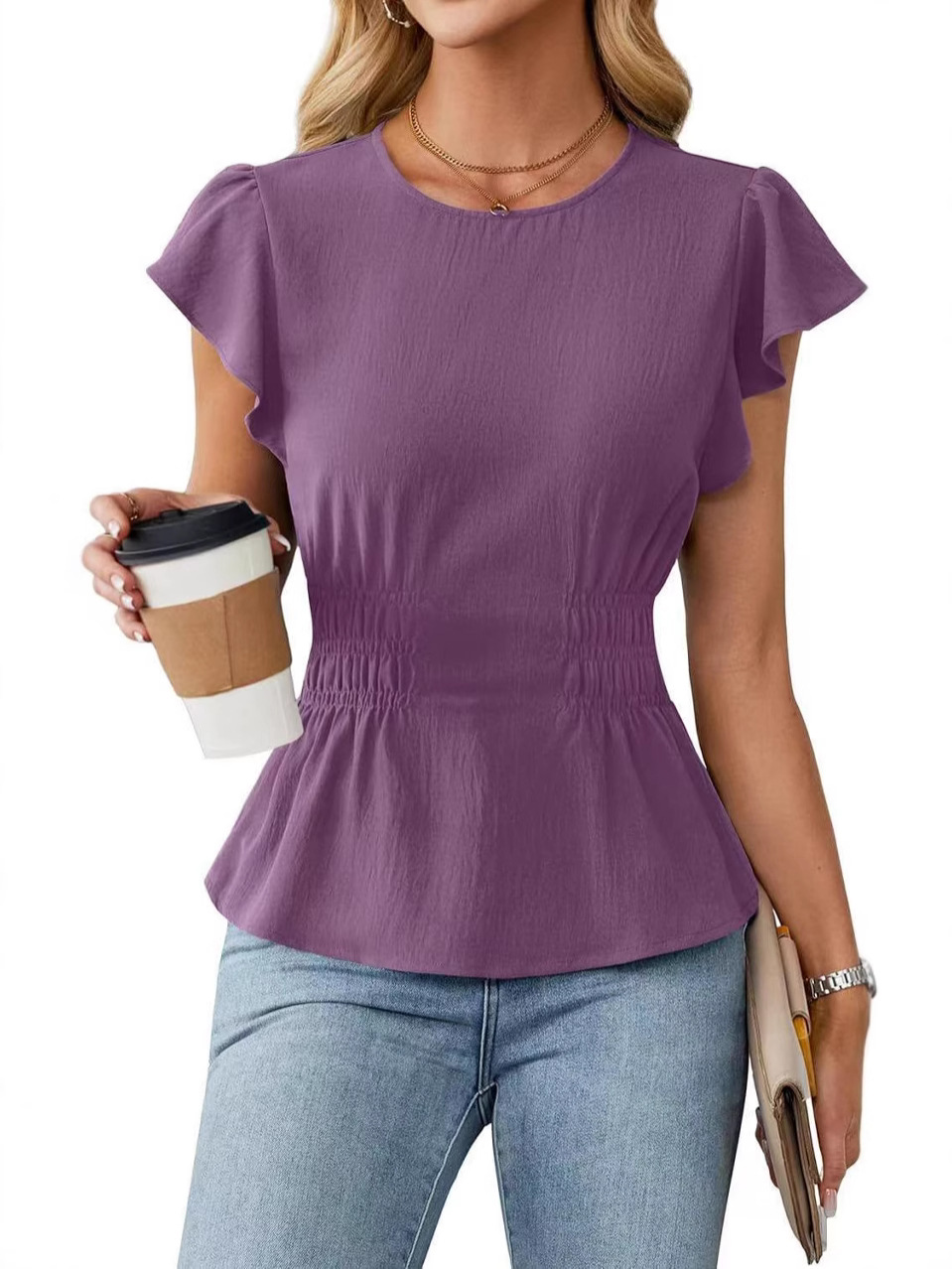 Women Fashion Blouse - Damska bluzka z falbankami, krótkim rękawem,
