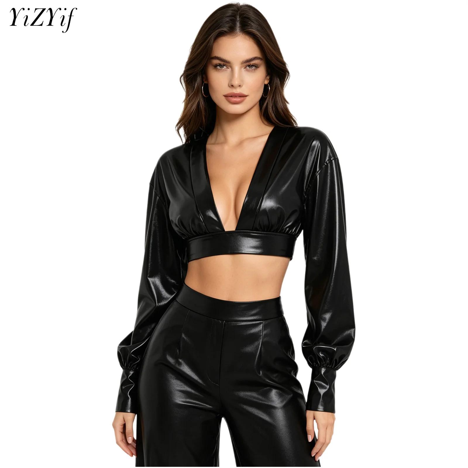 Women Fashion Blouse - Damska bluzka Y2K metaliczna, błyszcząca, hip-hopowa,