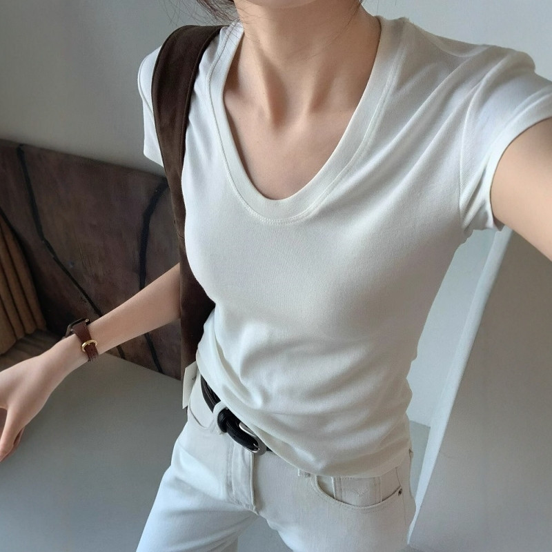 Koszulka damska z dekoltem U,  – Women Fashion Blouse recenzja i cena